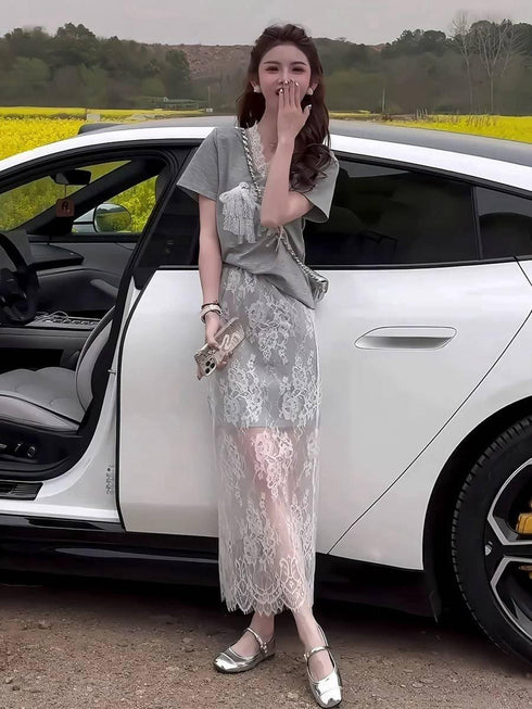 Spring Trendy Aesthetic Lacey Skirt With T-Shirts Sets